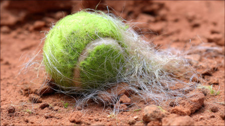 This image features a worn tennis ball covered in fuzzy hair and dirt, lying on a clay court surface, showcasing the passage of time and use.の素材