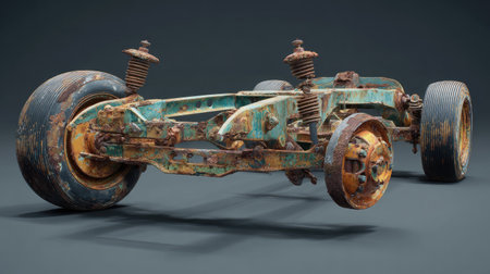 This image showcases a rusty and weathered vehicle chassis showing the effects of time and neglect. The intricate details of the old tires, suspension springs, and metalwork highlight the beauty of decay in automotive design.の素材