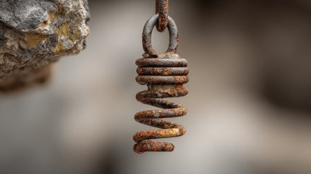 An intricate close-up image of a rusty metal spring suspended from a chain. The soft, blurred background emphasizes the texture and detail of this industrial object, conveying a sense of decay and history.の素材