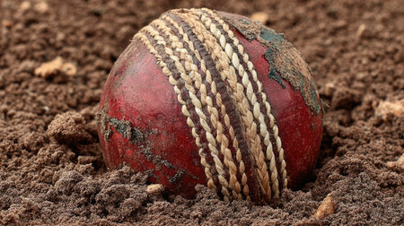 This close-up image features a worn red cricket ball partially embedded in earthy brown soil, highlighting its detailed texture and craftsmanship. Perfect for illustrating sports themes.の素材