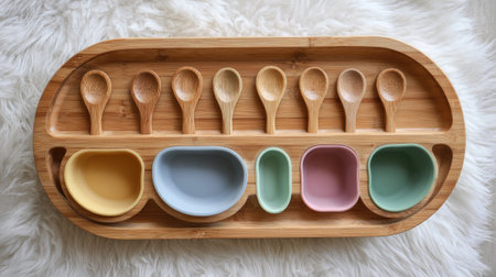 A beautiful arrangement of colorful wooden spoons and bowls on a bamboo tray, set against a soft textured background, ideal for kitchen decor and styling.の素材