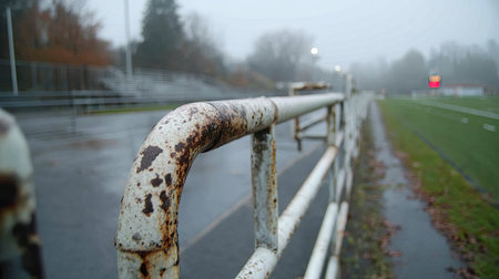 A close-up view of a rusty metal fence post in a foggy sports field, with empty bleachers and a digital scoreboard visible in the background.の素材