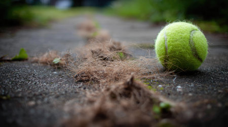 An artistic close-up featuring a vibrant green tennis ball resting on a weathered outdoor path, surrounded by loose hair and patches of grass.の素材