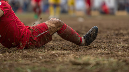 A dynamic shot capturing an athlete in a red jersey sliding on a muddy ground during an outdoor soccer match, showcasing the intensity and struggle of the game.の素材