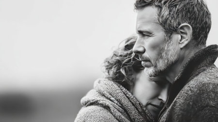 A heartfelt black and white image showing a couple embracing, highlighting their emotional bond and connection in a tranquil setting that evokes deep feelings of affection.の素材