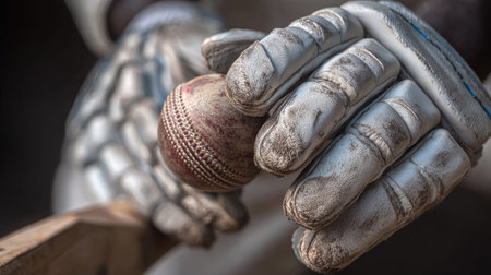 This close-up image showcases a cricketer's hand gripping a worn cricket ball, ready to engage in an exciting game. The detail highlights the gloves and bat, encapsulating the spirit of the sport.の素材