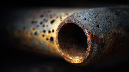 A striking close-up of a rusty metal pipe showcases intricate textures and natural patina, reflecting age and industrial elegance, perfect for design projects.の素材
