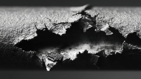 This striking close-up image showcases a cracked and weathered surface in monochrome. Intricate patterns emerge, creating an artistic visual that explores decay and texture.の素材