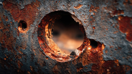 This striking close-up image captures a rusted metal surface, showcasing a round hole surrounded by rich textures and warm lighting that enhances its character.の素材