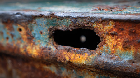 This image showcases a close-up view of a rusty metal surface featuring corrosion and a pitted texture, capturing the essence of decay and aging.の素材