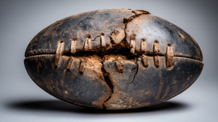 An aged and weathered rugby ball showcases significant wear, featuring cracks and scuff marks, reflecting the spirit of the game and its rich history.の素材