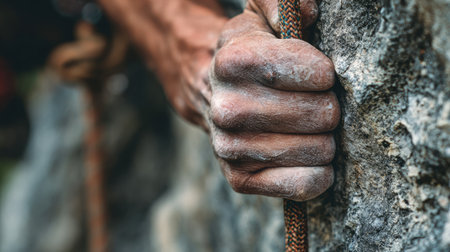 A close-up image showcasing a strong hand gripping a climbing rope against a rugged rock surface, emphasizing the intensity and focus of outdoor climbing adventures.の素材