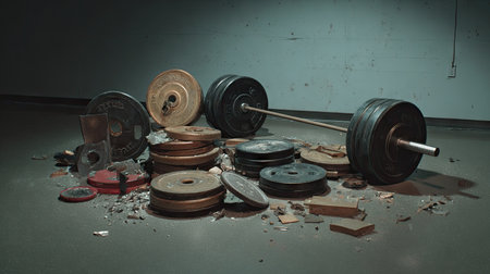A chaotic scene of weight plates and a barbell scattered across a gym floor, showcasing urban fitness equipment surrounded by debris and shadows.の素材