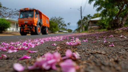 An orange utility vehicle drives along a quiet road blanketed with pink flower petals, surrounded by trees and a serene overcast sky.の素材