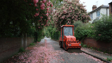 A bright street sweeper efficiently removes fallen blossoms from a picturesque tree-lined pathway in a serene residential neighborhood.の素材