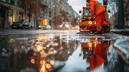 A street cleaner in an orange uniform sweeps wet pavement during a rainy evening, capturing reflections in puddles. City lights create a bokeh effect.の素材