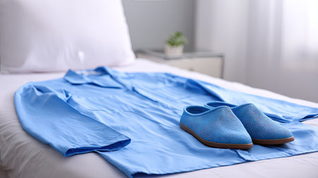 A serene scene featuring a light blue shirt and stylish blue slippers placed on a freshly made bed, creating a calm and inviting atmosphere for relaxation.の素材