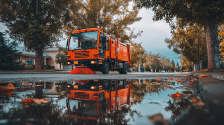 A vibrant orange street sweeper truck works to maintain cleanliness on an urban street, with a captivating reflection visible in a nearby puddle, showcasing its role in environmental sustainability.の素材
