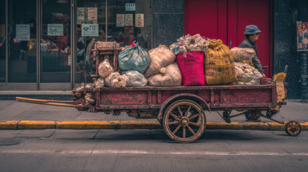 This image captures a traditional cart overflowing with bags in an urban environment, highlighting the blend of culture and daily life in city streets.の素材