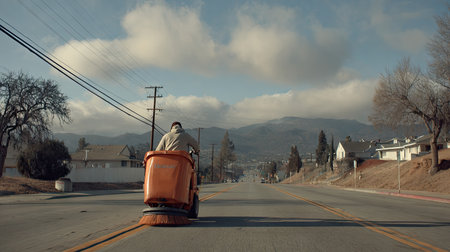 A lone street cleaner operates a sweeping vehicle on an empty road, with picturesque mountains and fluffy clouds in the background, capturing a serene morning atmosphere.の素材