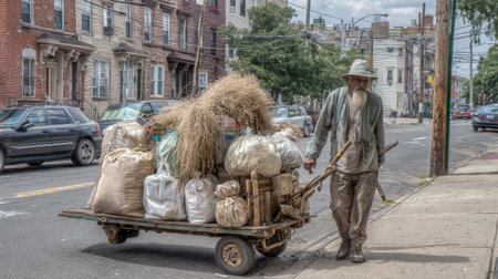 A determined man pushes a cart filled with bags and hay down an urban street, showcasing the blend of city life and hardworking spirit.の素材