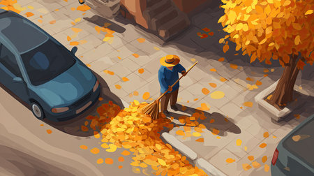 An aerial view capturing a peaceful urban scene during autumn, featuring a person sweeping vibrant yellow leaves off a sidewalk beside parked cars.の素材