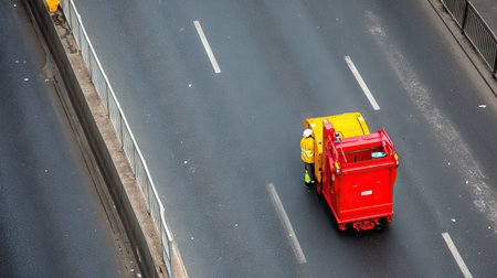 An aerial perspective shows a sanitation worker operating a refuse collection vehicle on an urban roadway, highlighting civic duties and city maintenance.の素材