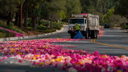 A street sweeper removes a beautiful layer of colorful flower petals from a road, creating a picturesque scene in an urban park during springtime.の素材