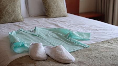 A serene hotel room showcasing a cozy bed adorned with soft linens, a relaxing outfit, and plush slippers, perfect for a restful getaway experience.の素材
