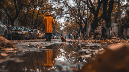 This image features a street cleanup scene in autumn, showcasing a worker in a yellow coat sweeping fallen leaves and a shimmering reflection in a puddle.の素材