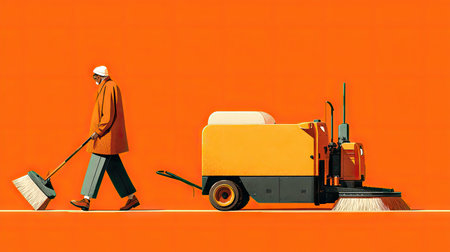 A solitary worker in an orange coat sweeps the sidewalk with a street sweeper vehicle beside him against a vivid orange background, showcasing urban maintenance.の素材