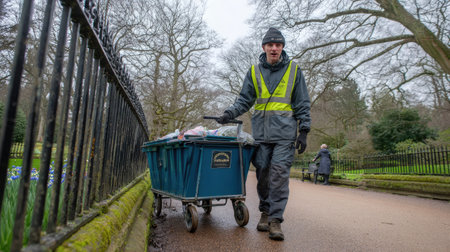 A dedicated worker in a safety vest pushes a trolley filled with waste through a serene park, contributing to environmental cleanliness on an overcast day.の素材