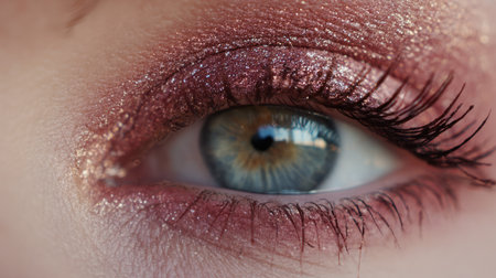 A mesmerizing close-up image featuring a beautiful eye adorned with glittery makeup, highlighting the stunning colors in the iris for captivating beauty.の素材