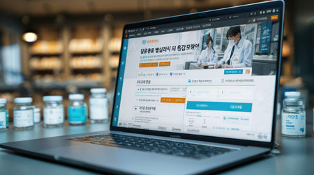A modern laptop showcases an online medical consultation platform, featuring health professionals engaged in digital services, depicting innovation in healthcare.の素材