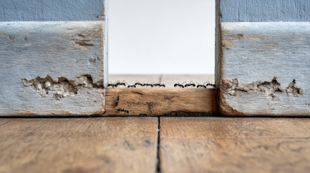 Detailed close-up of ants moving through a wooden gap in a floor, showcasing the contrast between the damaged wood and the lively activity of the insects.の素材