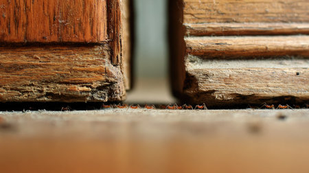 A captivating close-up image features ants navigating through a narrow gap between two wooden surfaces in a home setting, showcasing their intricate behavior and environment.の素材