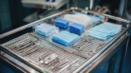 A neatly arranged setup of surgical instruments and sterile supplies on a stainless steel table, showcasing a clean and organized medical environment for healthcare procedures.の素材