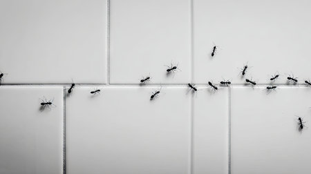 A captivating image of ants traversing white tiles, showcasing their intricate movement and natural behavior against a minimalistic backdrop. This photograph highlights the beauty of small creatures in structured environments.の素材