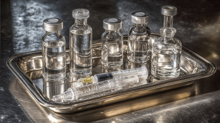 A detailed close-up image featuring various medicine vials and syringes arranged on a silver tray. The glass containers reflect light, indicating a sterile and organized clinical setting ideal for medical applications.の素材