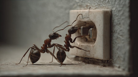 This captivating macro image showcases ants interacting with an electrical outlet, highlighting the intriguing coexistence of nature and technology in a domestic setting.の素材