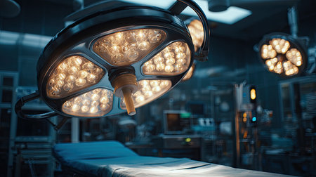Modern surgical operating room showcases advanced lighting and equipment, emphasizing the importance of a sterile and well-equipped environment for medical procedures.の素材