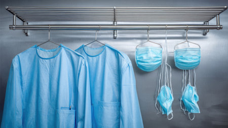 This image showcases blue medical garments and masks neatly hung in a hospital preparation area, emphasizing safety and hygiene for healthcare professionals.の素材