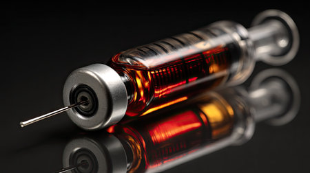 This striking close-up image showcases a syringe filled with vivid red liquid, resting on a sleek dark reflective surface, emphasizing details and reflections.の素材