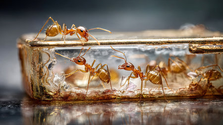 This stunning close-up image showcases ants encased in resin, revealing their intricate features and behaviors in a captivating natural habitat.の素材