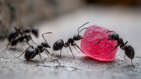A close-up view of ants working together to transport a piece of red candy, showcasing their teamwork and detailed features in a natural setting.の素材