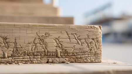This image features a close-up view of an intricately carved stone block, depicting detailed figures and natural elements, showcasing historical craftsmanship and artistry.の素材