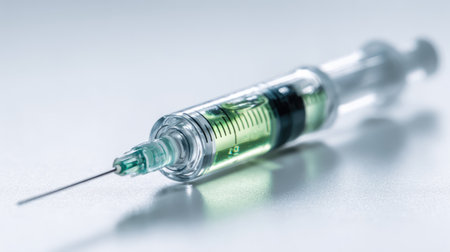 This detailed close-up image features a syringe filled with green liquid, showcasing its needle and measurement markings, suitable for medical themes.の素材