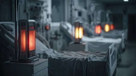 Atmospheric image of a hospital room featuring warm red light from heaters, emphasizing a calming and clinical environment with empty beds and medical equipment.の素材
