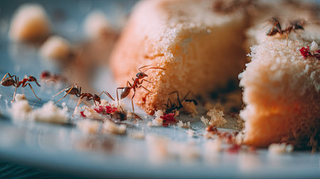 A mesmerizing close-up of tiny ants exploring crumbled cake on a soft blue plate, creating an intriguing scene of nature interacting with food.の素材