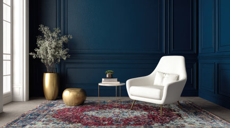 This modern living room features a sleek white chair and an elegant accent table, complemented by a colorful rug and gold accents, creating a warm ambiance.の素材